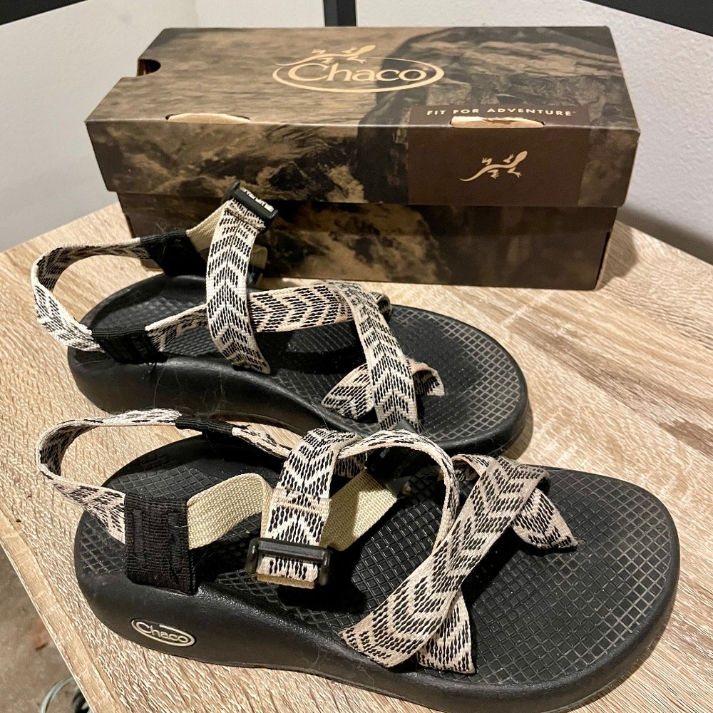 Chaco Black Sandals with Cream Patterned Straps